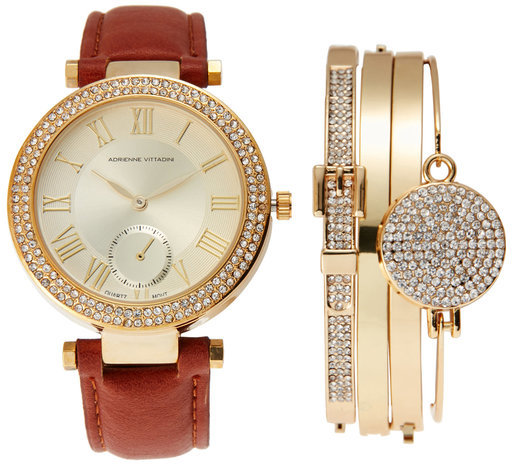 Adrienne Vittadini ADST1580G165 Gold-Tone & Brown Watch & Bracelet